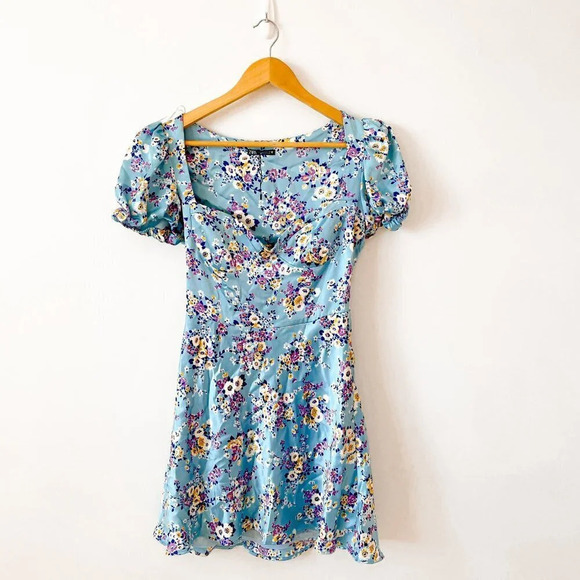 Zara Bustier Satin Effect Floral Mini Dress Puff Sleeve Sky Blue NWT Size Medium - Picture 9 of 13